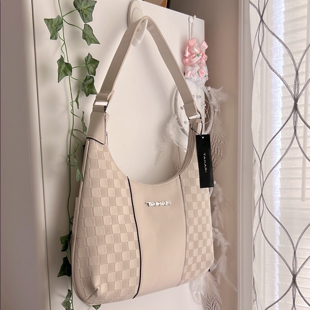 Tahari Delta Hobo Checkered Shoulder Bag Bone Ivory Off White Cream 14"